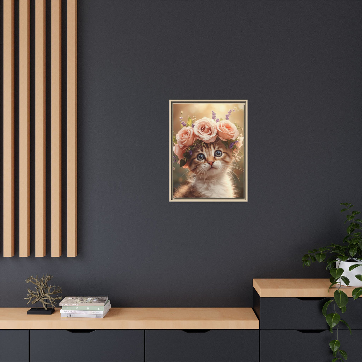 Custom Botanical Floral Crown Cat Portrait – Personalised Pet Canvas Art