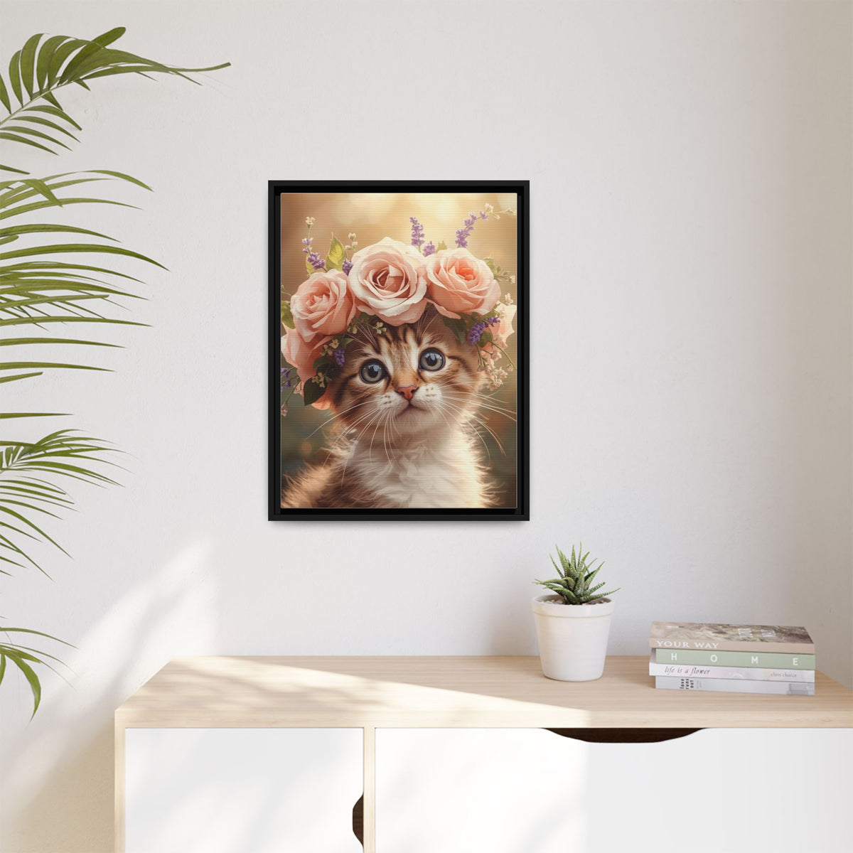 Custom Botanical Floral Crown Cat Portrait – Personalised Pet Canvas Art
