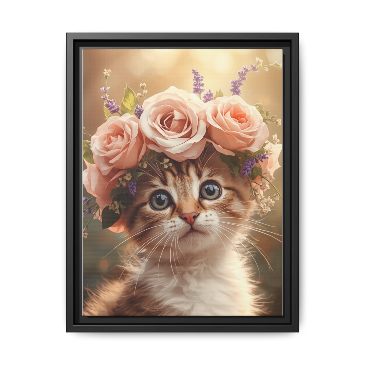 Custom Botanical Floral Crown Cat Portrait – Personalised Pet Canvas Art