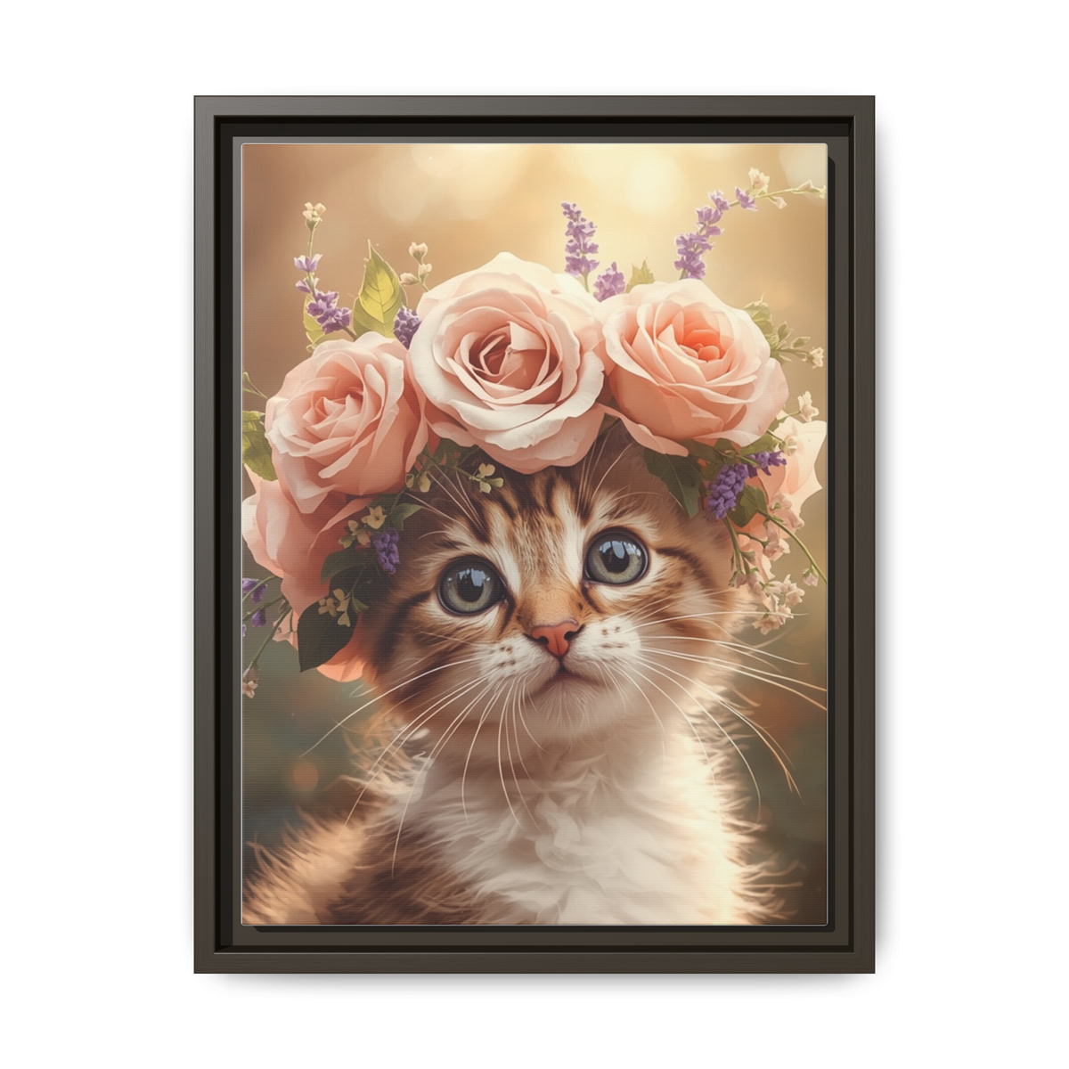 Custom Botanical Floral Crown Cat Portrait – Personalised Pet Canvas Art