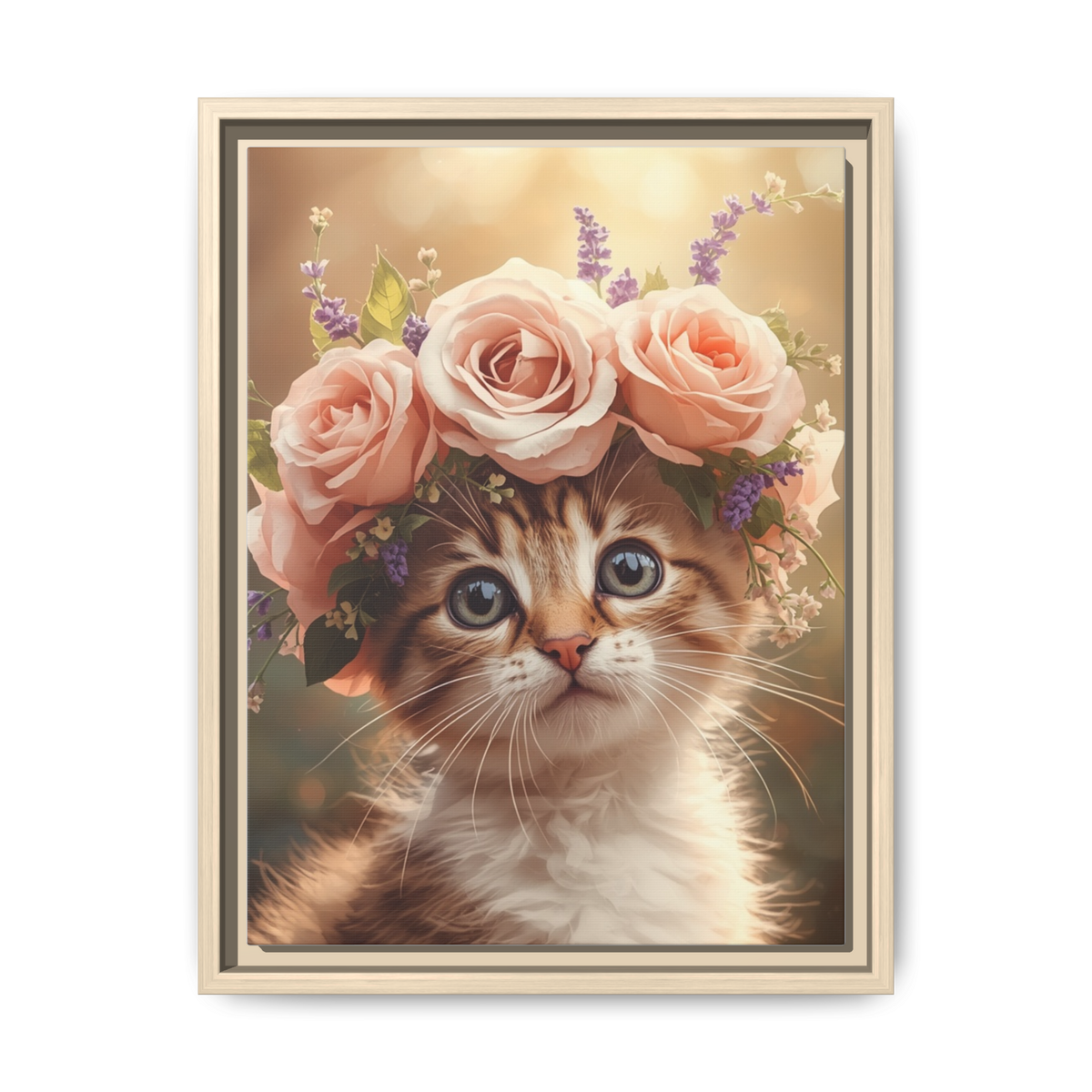 Custom Botanical Floral Crown Cat Portrait – Personalised Pet Canvas Art