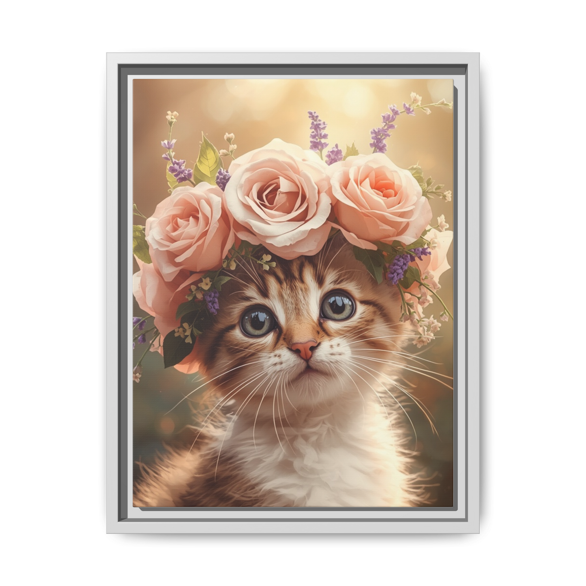 Custom Botanical Floral Crown Cat Portrait – Personalised Pet Canvas Art